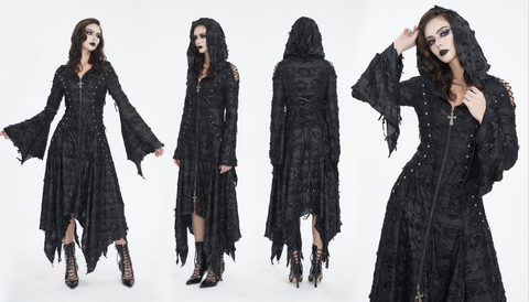 Damska gotycka sukienka o nieregularnym kroju z długimi rękawami i kapturem