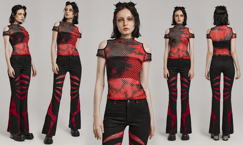 Women's Punk Tie-dyed Cutout Mesh Top Black-Red