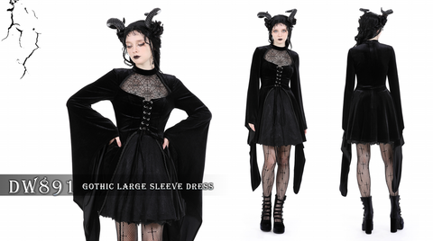 Women's Gothic Flared Sleeved Spider Mesh Splice Velvet Dress