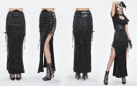Women's Punk Buckle Side Slit Wrapped Long Skirt