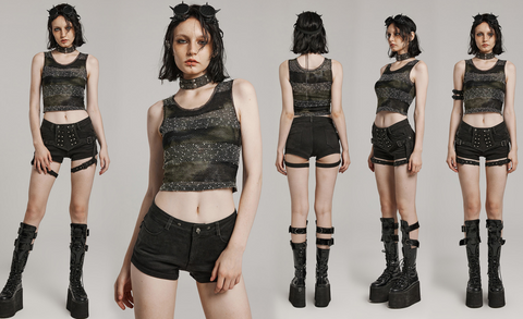Transparentes, gestreiftes Tanktop aus Punk-Mesh für Damen