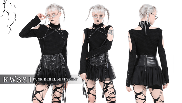 Women's Punk Studded Mesh Faux Leather Skirt