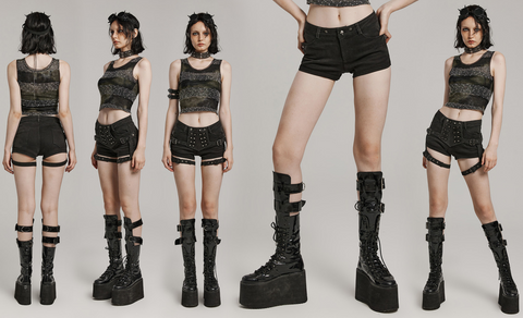 Pantalones cortos simétricos ajustados con hebilla punk para mujer