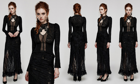 Women's Gothic Plunging Lace-up Lace Shirt