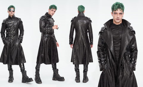 Men's Punk Stand Collar Multi-buckle Faux Leather Coat Black