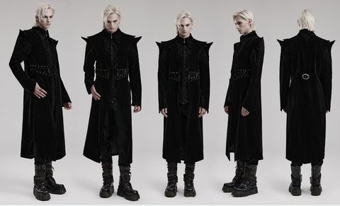 Men's Gothic Stand Collar Jacquard Velvet Mid-length Coat