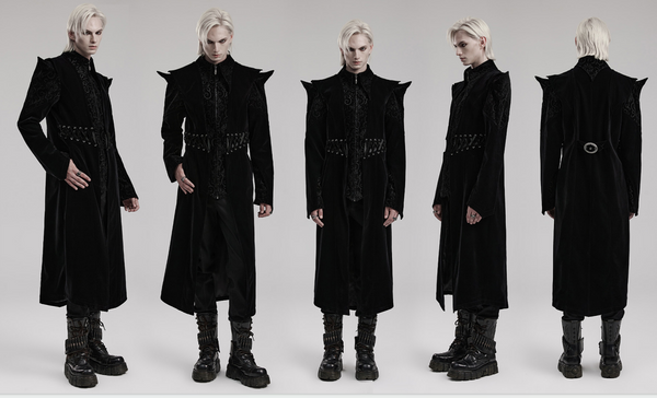 Men's Gothic Stand Collar Jacquard Velvet Mid-length Coat