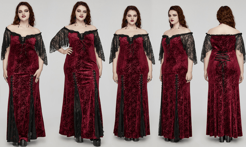 Women's Plus Size Gothic Off-the-shoulder Lace-up Red Velvet Gown Dress Wedding Dress