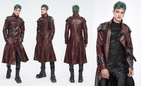 Men's Punk Stand Collar Multi-buckle Faux Leather Coat Red
