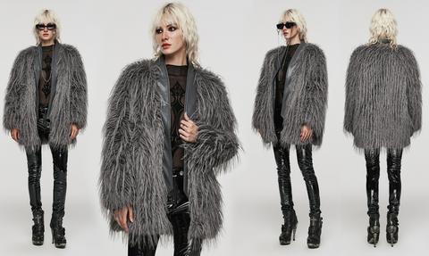 Women's Gothic Faux Fur Splice Faux Leather Coat Grey