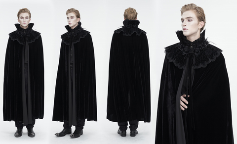 Men's Gothic Stand Collar Lace Splice Velvet Cloak