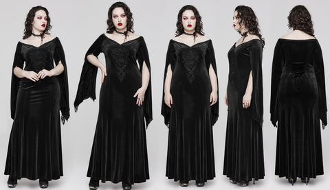 Women's Plus Size Gothic Flared Sleeved Floral Embroidered Velvet Dress