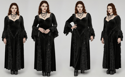 Women's Plus Size Gothic Flared Sleeved Embossed Velvet Prom Dress Wedding Dress