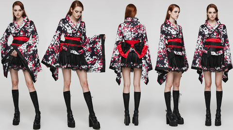 Kimono imprimé floral Lolita pour femmes avec jupe