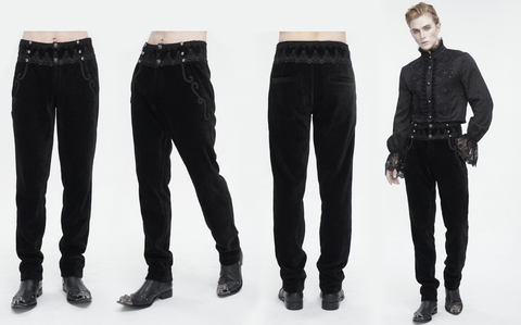 Pantalones góticos de empalme de encaje de cintura alta para hombre, color negro