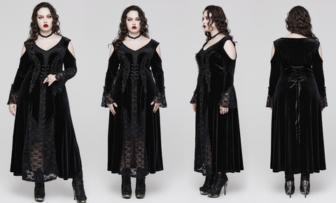 Schulterfreies, schulterfreies Gothic-Kleid aus Samt mit Spitzenspleiß und Übergröße für Damen