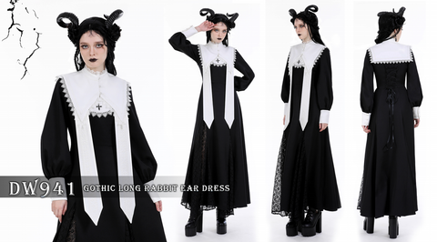 Zweifarbiges Kleid mit Gothic-Puppenkragen für Damen