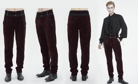 Męskie gotyckie spodnie z wysokim stanem i koronką, czerwone