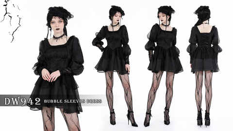 Women's Gothic Puff Sleeved Mesh Splice Dress