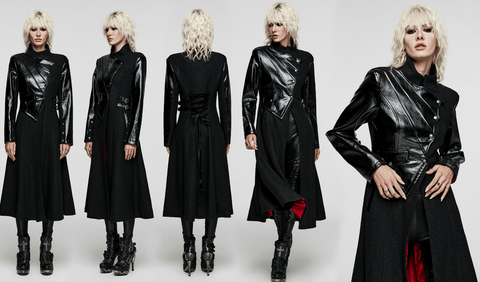 Women's Gothic Stand Collar Faux Leather Splice Wool Coat