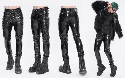 Men's Punk Lace-up Patent Leather Pants