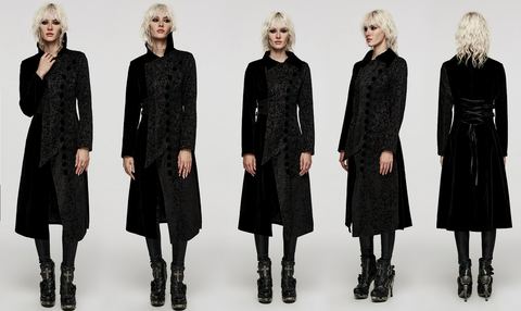 Damen-Gothic-Mantel mit Stehkragen und Spleißmuster aus Samt