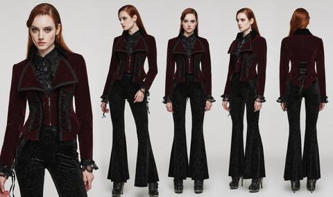 Manteau gothique en velours à lacets pour femme, col rabattu, rouge