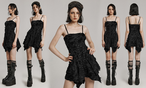 Damska sukienka w stylu punkowym z dziurami i oczkami, o nieregularnym kroju, czarna