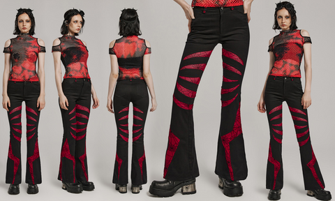 Pantalones acampanados puntiagudos de malla simétrica gótica para mujer Negro-Rojo