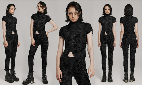여성용 펑크 찢어진 디스트레스드 반소매 셔츠 블랙