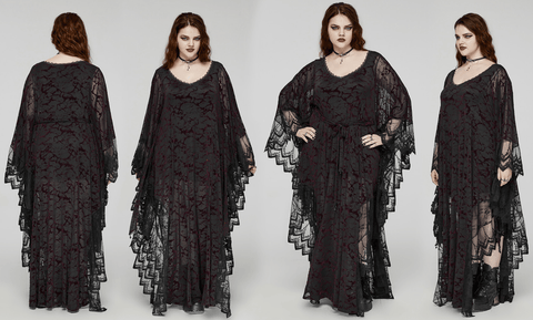 Women's Plus Size Gothic Plunging Bat Sleeved Black Red Witch Dress