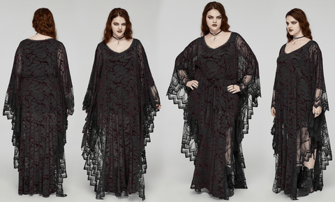 Women's Plus Size Gothic Plunging Bat Sleeved Black Red Witch Dress