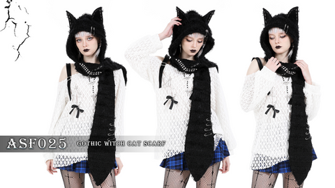 Women's Gothic Fluffy Mesh Cat Scarf with Hood