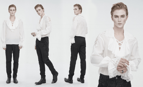 Men's Gothic Ruffled Collar Puff Sleeved Shirt White
