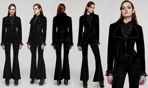 여성용 고딕 턴다운 칼라 레이스업 벨벳 코트 블랙