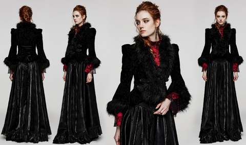 Damen-Gothic-Mantel mit tiefem Ausschnitt aus Kunstfell und Spleiß-Samt