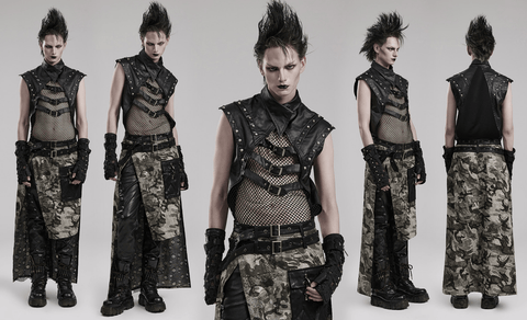 Men's Punk Splice Mesh Faux Leather Vest