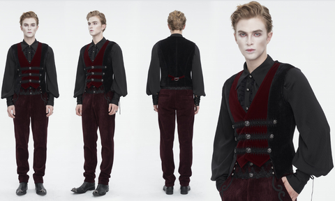 Men's Gothic Irregular Velvet Splice Corduroy Waistcoat Red