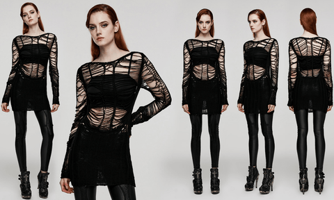 Women's Punk Ripped Sheer Knitted Long Sweater
