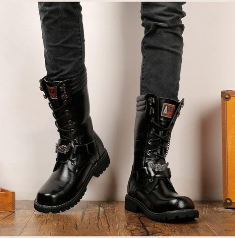 Botas de combate militares de cuero sintético con cordones Punk para hombre
