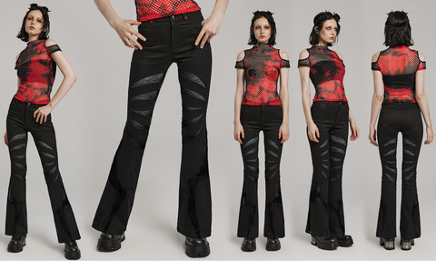 Damskie gotyckie, symetryczne, siateczkowe, rozkloszowane spodnie w kolorze czarnym