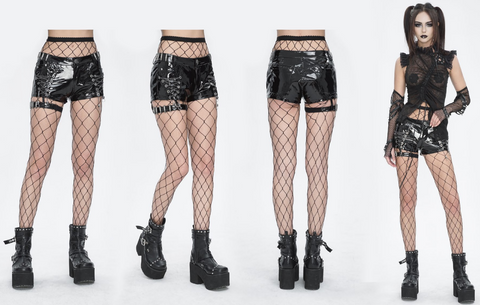 Damen-Shorts aus Kunstleder mit Punk-Kette und Schnalle