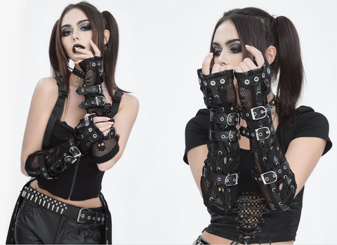 Women's Punk Mesh Multi-buckle Gloves