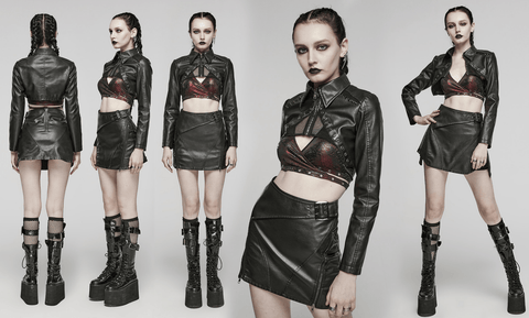 Women's Punk Eyelet Mesh Faux Leather Short Jacket