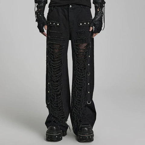 Men's Punk Ripped Mesh Splice Straight Pants