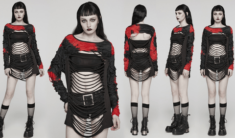 Women's Punk Spaghetti Strap Cutout Ripped Long Sleeved Shirt