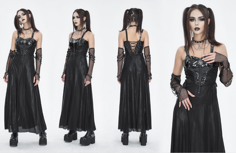 Damska gotycka sukienka maxi z paskiem na klamrę i oczkami