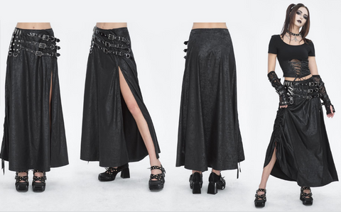 Falda larga con abertura lateral y tachuelas con hebilla gótica para mujer