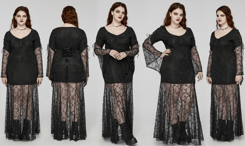 Women's Plus Size Gothic Flared Sleeved Lace-up Lace Prom Dress