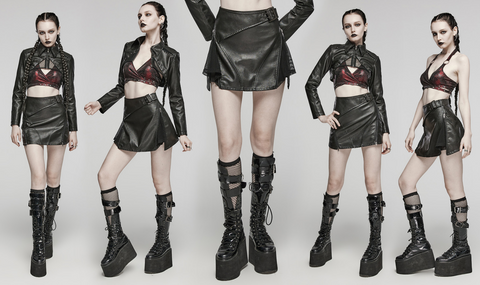 Women's Punk Buckle Faux Leather A-line Short Skirt